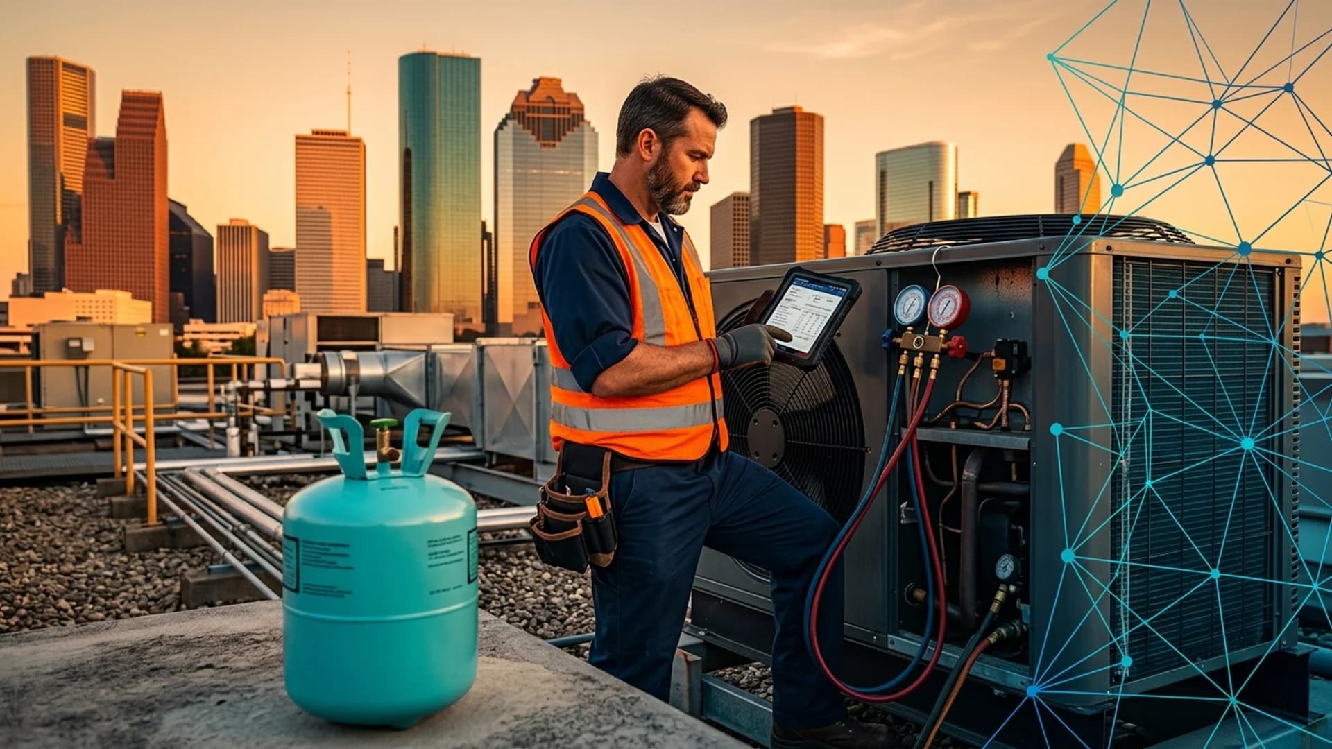 HVAC contractor checking refrigerant gauges on a rooftop AC unit at sunset over the Houston, TX skyline