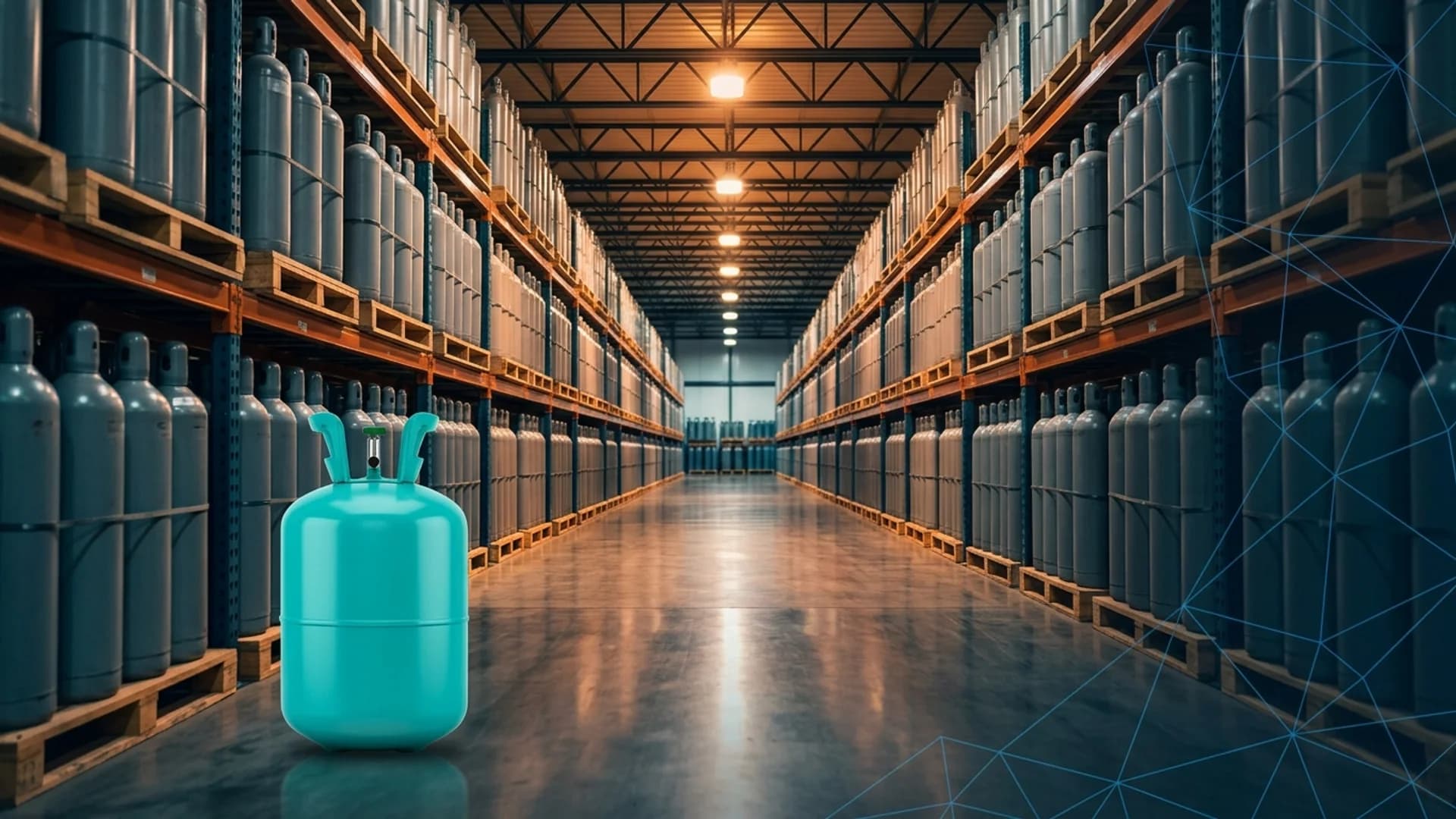 Wide cinematic shot of a long industrial warehouse aisle in Houston, TX with rows of steel refrigerant cylinders stacked on wooden pallets receding into the distance, warm overhead lighting