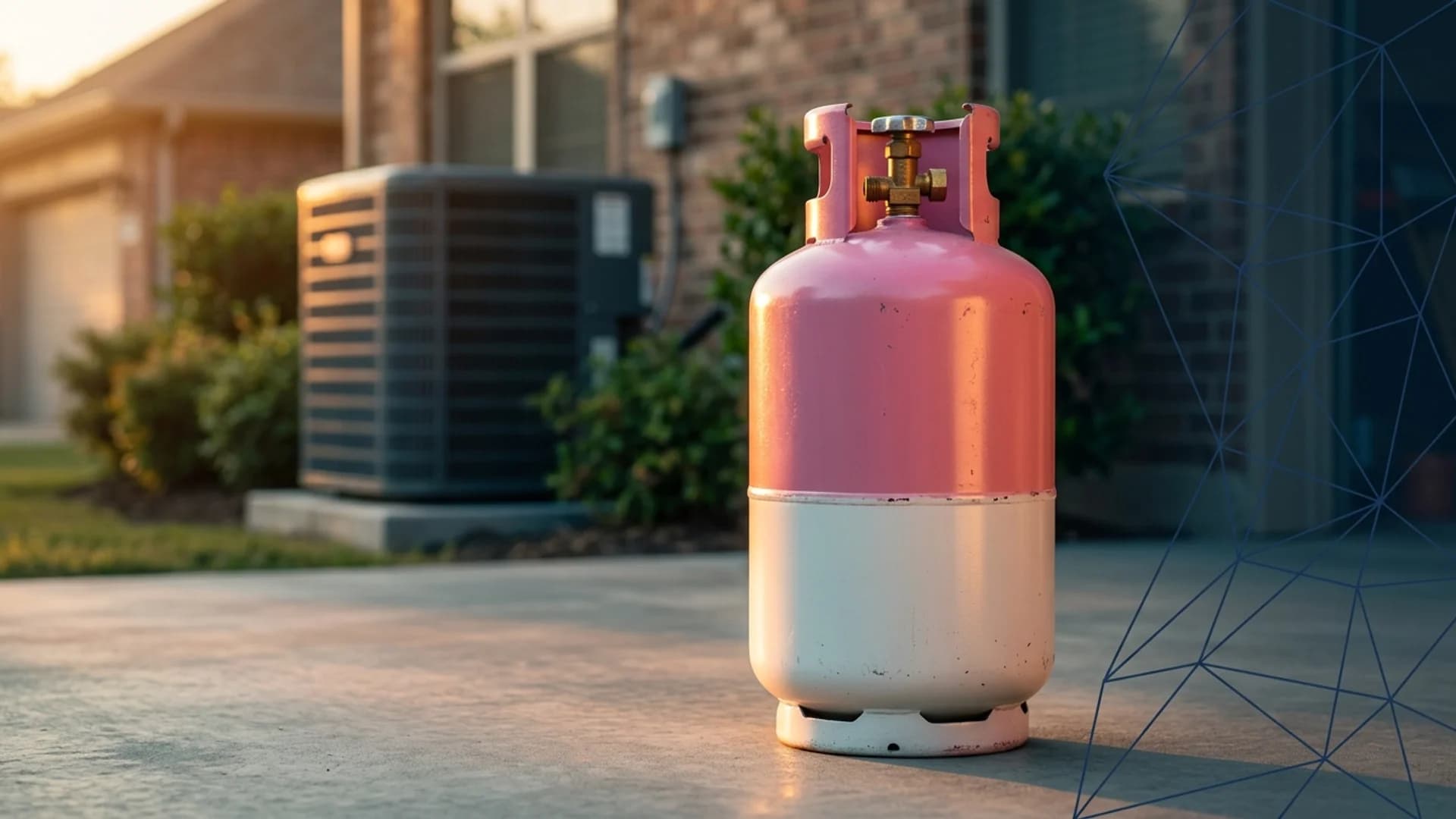 R-410A pink and white refrigerant cylinder on a concrete pad in front of a Texas residential home with an outdoor AC condenser unit at golden hour